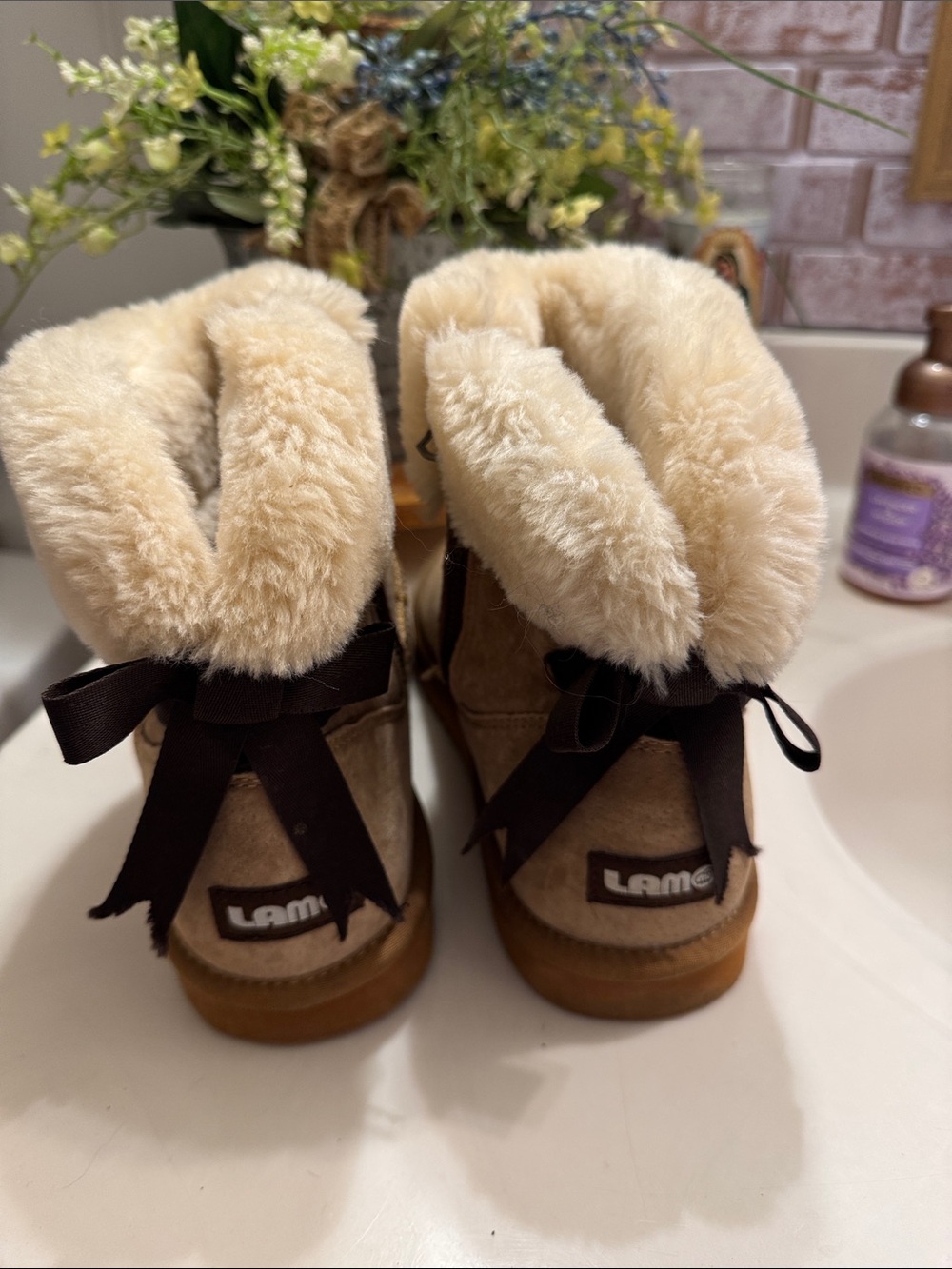Lamo Chestnut Suede Shearling Bow-Back Ankle Boots